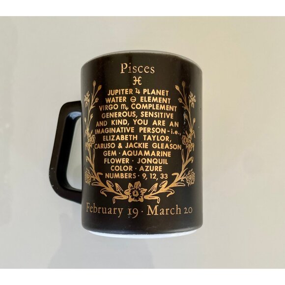Pisces Mug, 1970s Federal Glass Pisces Mug: Black & Gold Zodiac Milk Glass - Picture 2 of 8